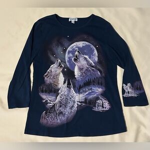 Vintage Y2K Wolf Pack Rhinestoned 3/4 Sleeved Shirt - M